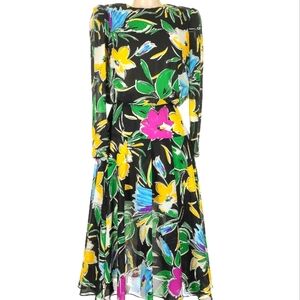 Vintage 80s Koru New York Floral Dress Sz 4 Tropical Print Boatneck Midi Puff